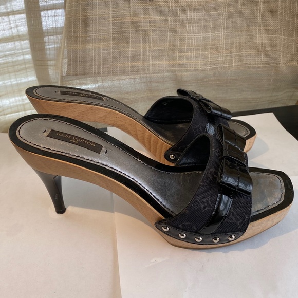 Louis Vuitton Mules BLACK monograM MINI LIN GRENADINE leather 37 heels PLATFORM - Picture 6 of 10